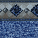A pool liner with a design of blue tiles and a fancy design along the top.