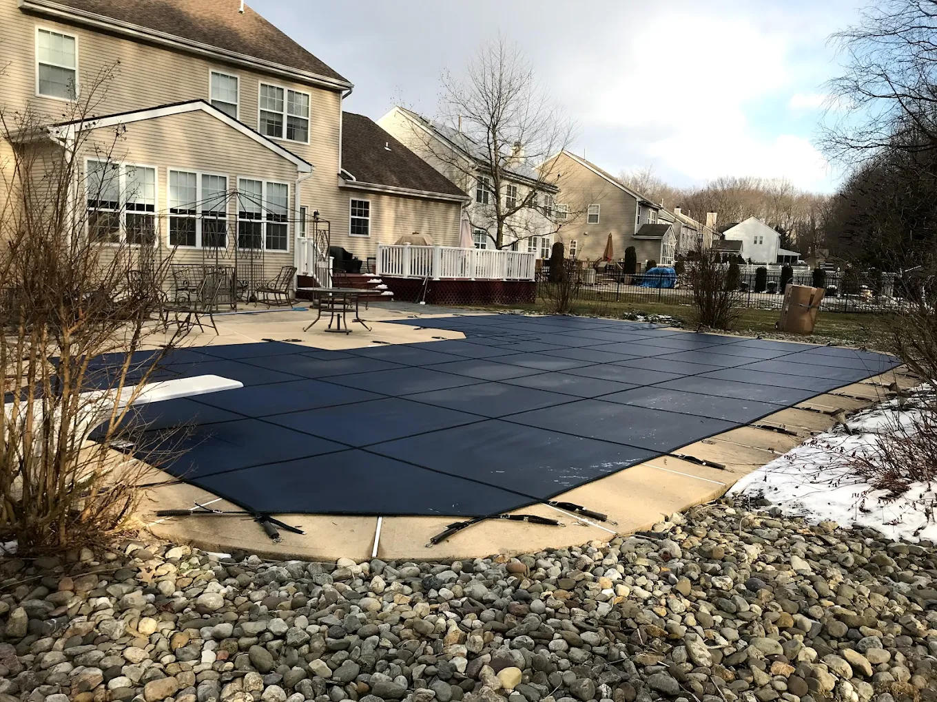 solid pool cover covering backyard pool
